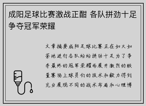 成阳足球比赛激战正酣 各队拼劲十足争夺冠军荣耀
