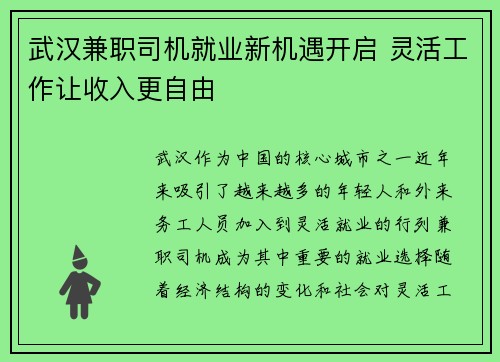 武汉兼职司机就业新机遇开启 灵活工作让收入更自由