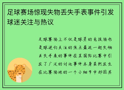 足球赛场惊现失物丢失手表事件引发球迷关注与热议