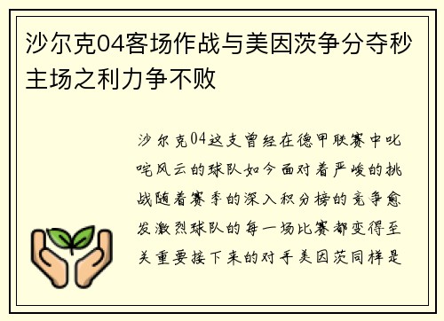 沙尔克04客场作战与美因茨争分夺秒主场之利力争不败
