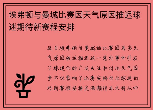 埃弗顿与曼城比赛因天气原因推迟球迷期待新赛程安排
