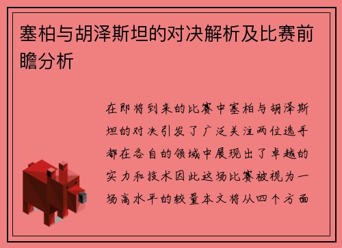 塞柏与胡泽斯坦的对决解析及比赛前瞻分析