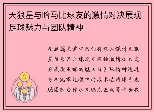 天狼星与哈马比球友的激情对决展现足球魅力与团队精神