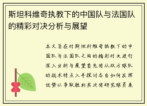 斯坦科维奇执教下的中国队与法国队的精彩对决分析与展望