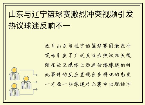 山东与辽宁篮球赛激烈冲突视频引发热议球迷反响不一