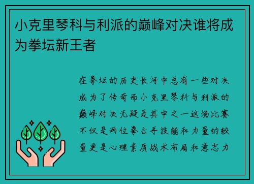 小克里琴科与利派的巅峰对决谁将成为拳坛新王者