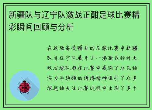 新疆队与辽宁队激战正酣足球比赛精彩瞬间回顾与分析