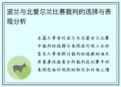 波兰与北爱尔兰比赛裁判的选择与表现分析