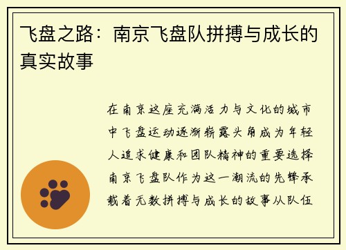 飞盘之路：南京飞盘队拼搏与成长的真实故事