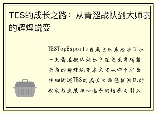 TES的成长之路：从青涩战队到大师赛的辉煌蜕变