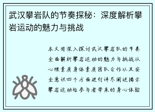 武汉攀岩队的节奏探秘：深度解析攀岩运动的魅力与挑战
